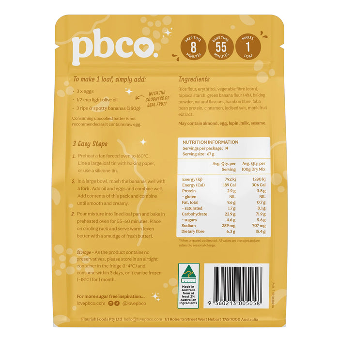 PBCO Banana Bread Mix 94% Sugar Free Is stocked at WickedNRG in Darwin,