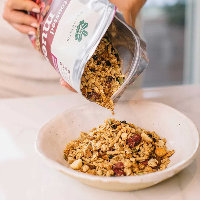 Brookfarm Toasted Muesli Macadamia Apricot Coconut in Bowl poured from packet