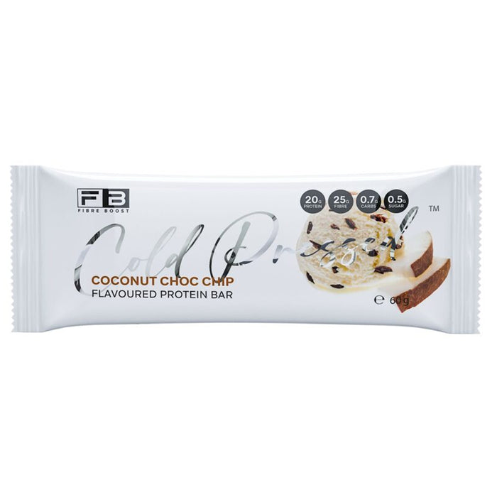 Fibre Boost Cold Pressed Protein Bar Packet Front Coconut Choc Chip Flavour are stocked at Wicked NRG 