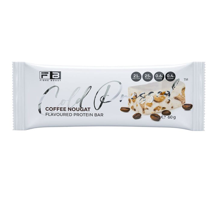 Fibre Boost Cold Pressed Protein Bar Packet Front Coffee Nougart Flavour are stocked at Wicked NRG Darwin buy online