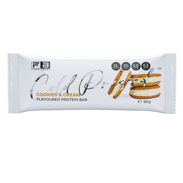 Fibre Boost Cold Pressed Protein Bar Packet Front Cookies and Cream Flavour are stocked at Wicked NRG 