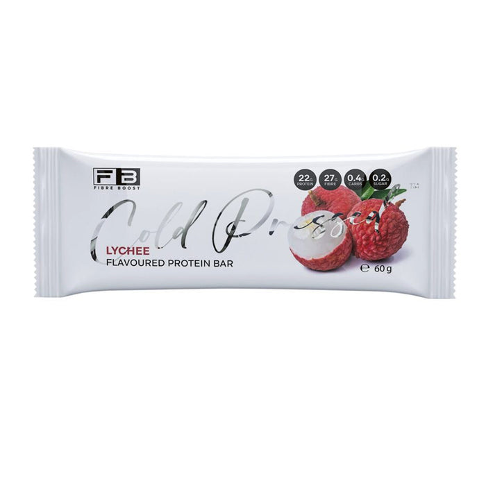 Fibre Boost Cold Pressed Protein Bar Packet Front Lychee Flavour are stocked at Wicked NRG 