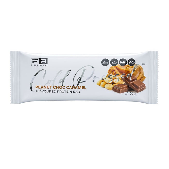 Fibre Boost Cold Pressed Protein Bar Packet Front Peanut Choc Caramel Flavour are stocked at Wicked NRG 