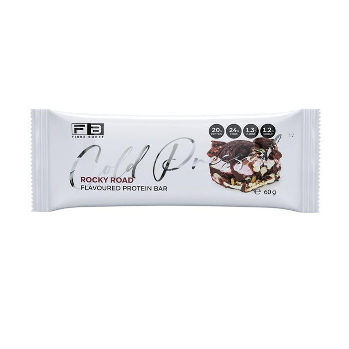 Fibre Boost Cold Pressed Protein Bar Packet Front Rocky Road Flavour are stocked at Wicked NRG 