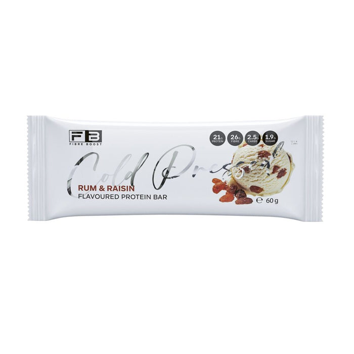 Fibre Boost Cold Pressed Protein Bar Packet Front Rum and Raisin Flavour are stocked at Wicked NRG 