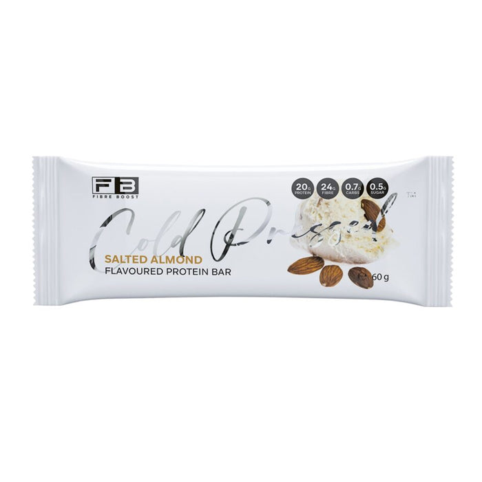 Fibre Boost Cold Pressed Protein Bar Packet Front Salted Almond Flavour are stocked at Wicked NRG 