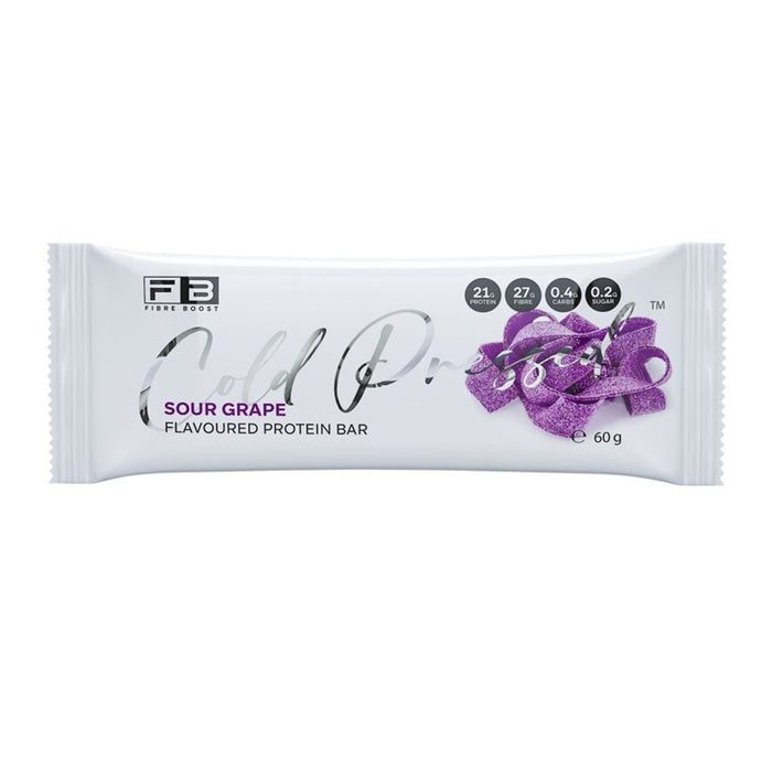 Fibre Boost Cold Pressed Protein Bar Packet Front Sour Grape Flavour are stocked at Wicked NRG 