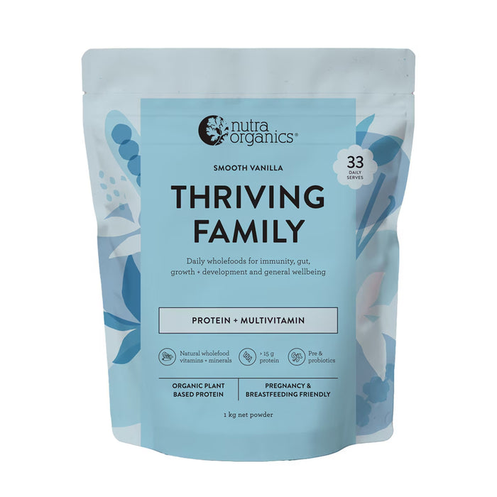 Nutra Organics Thriving Family Protein, Smooth Vanilla, 33 Serves, 1 kg, is stocked at Wicked NRG Darwin,