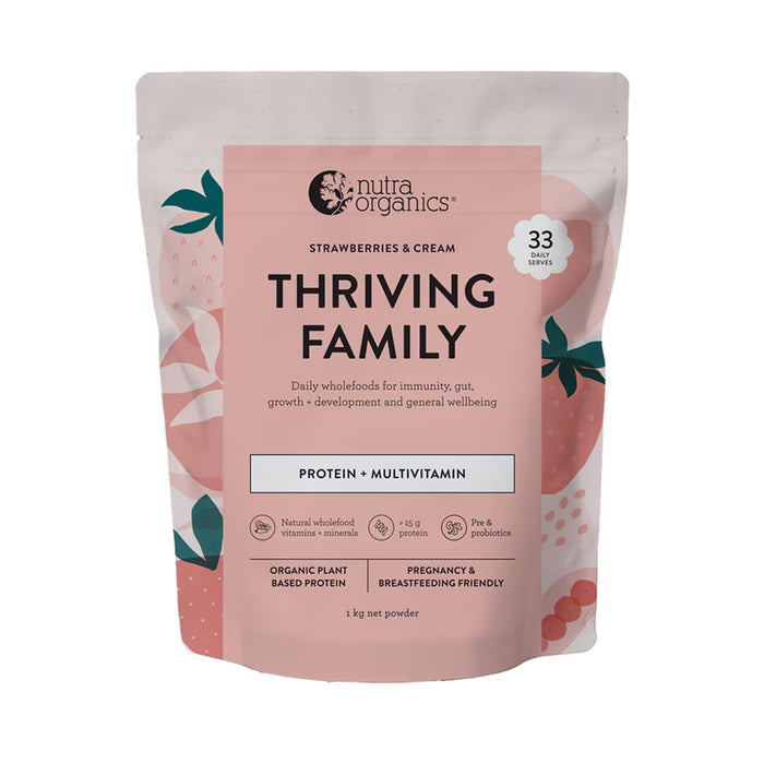 Nutra Organics Thriving Family Protein, Strawberry and Cream, 33 Serves, 1 kg, is stocked at Wicked NRG Darwin,