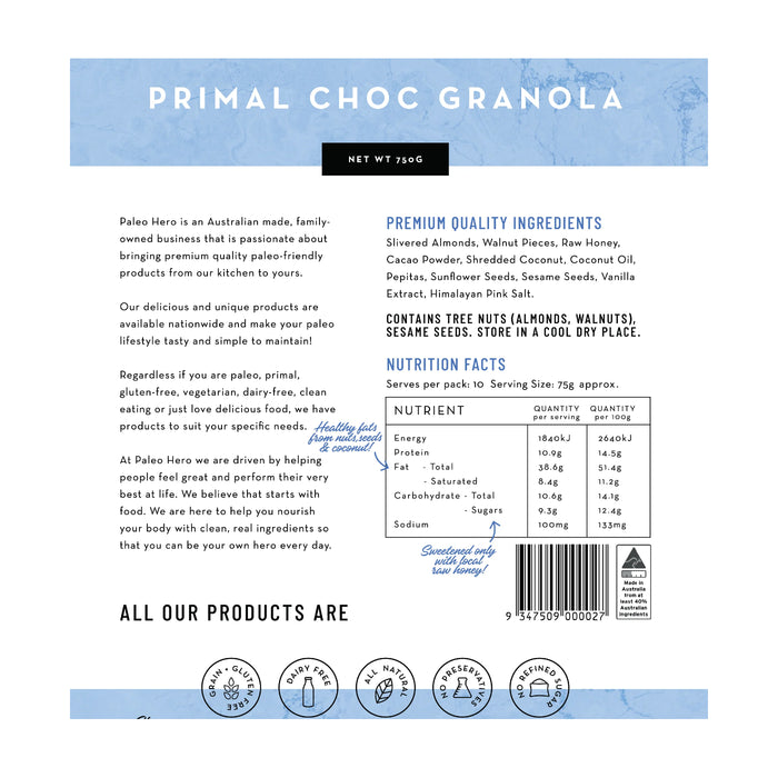 Paleo Hero Choc Granola is available in bulk at Wicked NRG Darwin,