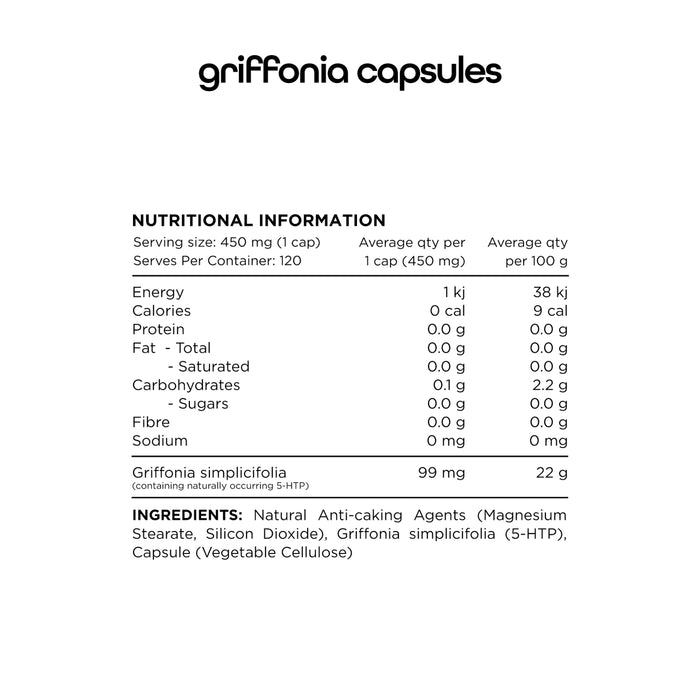 Switch Nutrition Griffonia 5-HTP 120 Veg Capsules Wicked NRG Nutritional Panel