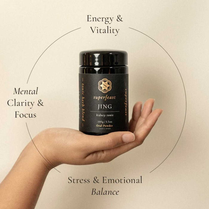 Superfeast Jing Bottle in Hand with Benefits Graphic